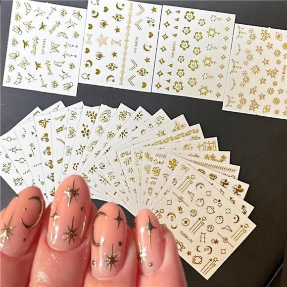 30 Sheets Gold Nail Art Stickers Gold Flower Butterfly Nail Stickers Star Line - Picture 1 of 7